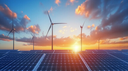 Solar panels and turbines, Concept of wind power and energy storage batteries system, with solar panels, Panoramic view