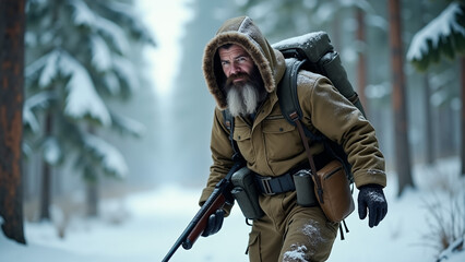 An elderly hunter, equipped and armed with a gun, quietly makes his way through a winter forest