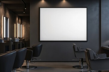 Empty rectangular frame mockup in a white color displayed on the wall of a modern hair salon, featuring a minimalistic design with dark gray furniture. Ideal for showcasing artwork or promotions.