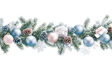 Festive garland adorned with blue and pink ornaments, pinecones, and snowflakes, creating a cheerful holiday atmosphere