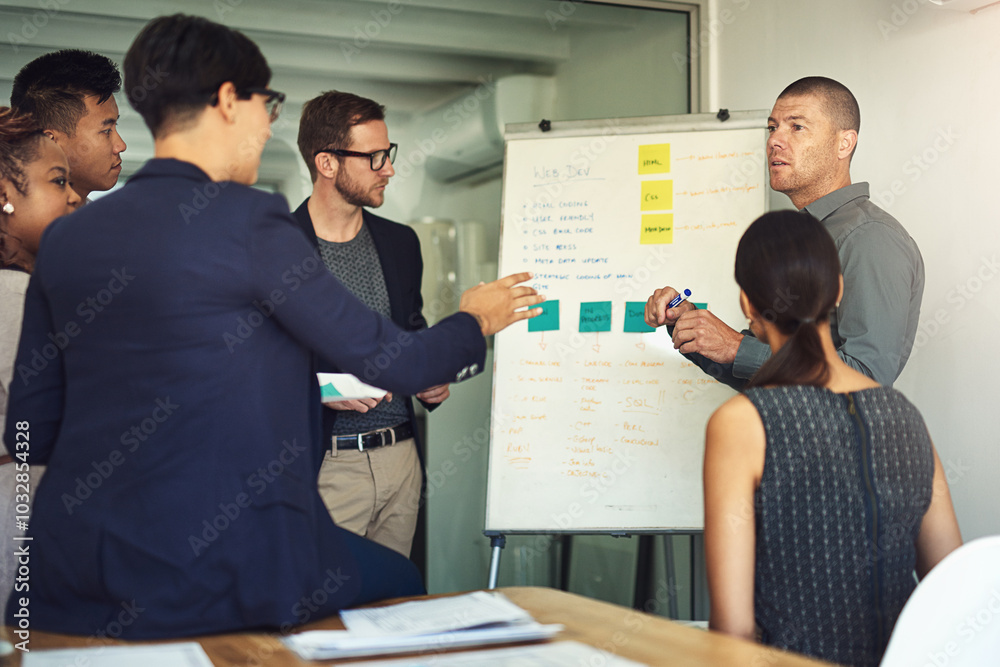 Poster employees, whiteboard and web development in office with plan, code update and project. business peo