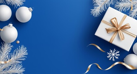 There are silver and blue balls, fir branches, and snowflakes on a shiny blue background.