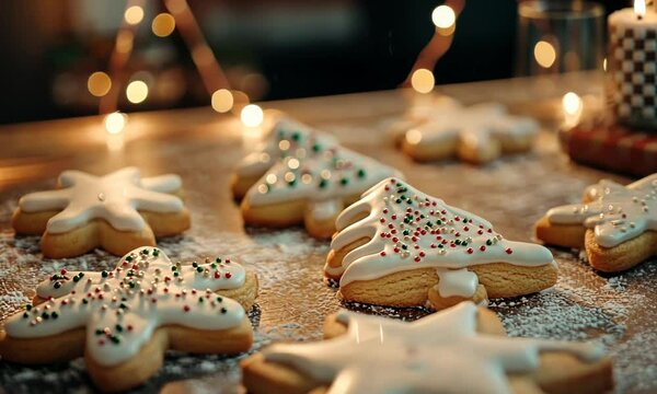 Baking homemade Christmas cookies shaped like trees, stars, and snowflakes, with icing and sprinkles ready for decorating