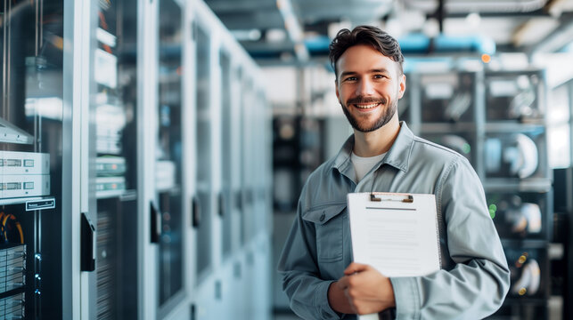 A smiling technician in work attire holds a maintenance folder, with network servers in the background, highlighting professionalism and confidence.