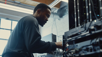 A technician maintains a network server in a modern office, with cables and routers, emphasizing focus and professionalism.