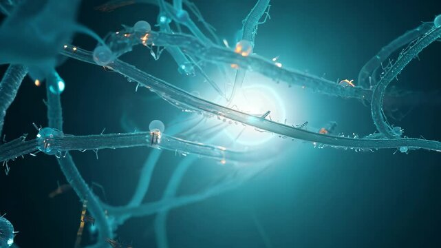 A swarm of nanorobots repairing damaged nerve fibers in the spinal cord, illuminated by a spotlight, showcasing intricate biological and technological interaction.
