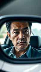 Reflection of face of middle aged man with a serious thoughtful look in the car rear view mirror isolated with white highlights, png