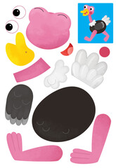 cartoon scene with character puzzle cutout educational exercise manual work with scissors african animal bird ostrich illustration for children cutout