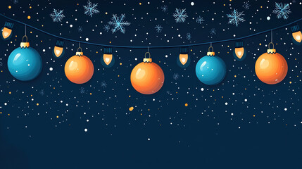 Fototapeta premium Realistic set of colorful Christmas ball with ribbon and bow. beautiful twinkling lights bokeh snow flakes baubles with fir leaves. on blue background 