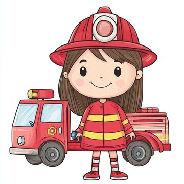 Cute Cartoon Girl in Firefighter Outfit with Truck