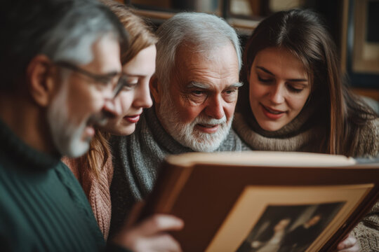 Happy big family grandparents with twin granddaughters and their parents browse the family photo album and share happy memories. Family gathered together in the living room. Family connection concept.