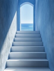 Fototapeta premium Stairway leading to a blue building with a view of the ocean, travel