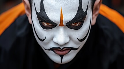 Oni Mask Close-up: A dramatic close-up portrait of a man wearing a traditional Japanese Oni mask, showcasing intricate details and intense expression.  The image evokes feelings of power, mystery.