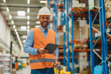 Warehouse manager holding digital tablet and smiling at logistics center