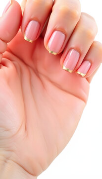 A hand on a white background whose nails are bitten and torn, a bad habit, close-up, copy space, manicure isolated with white highlights, png