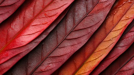 Naklejka premium Crimson Embrace: A captivating close-up of vibrant red leaves, showcasing intricate textures and a dramatic diagonal arrangement. Autumnal hues and organic patterns create a visually stunning image.