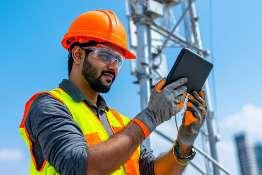 Indian telecom engineer inspecting cell tower installation, safety gear prominent