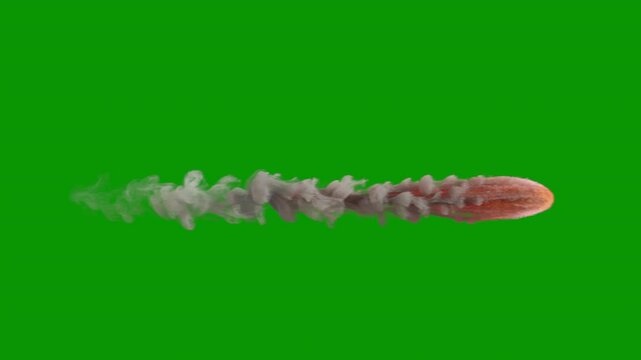 Looping video of a rocket, missile or space ship propulsion thruster with fire heat and smoke jetting out, 4k 25p, greenscreen for transparent background aka no background