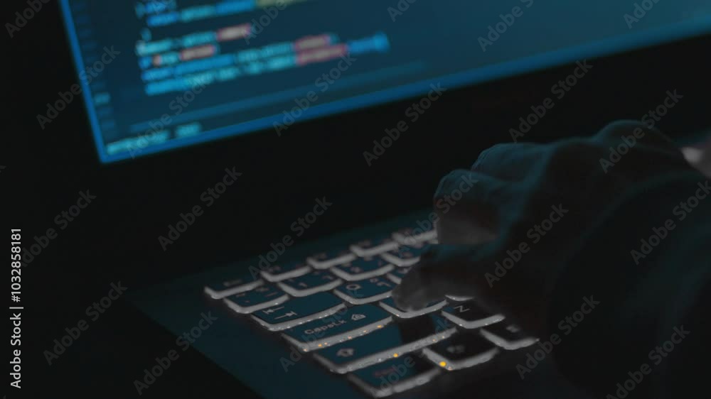 Wall mural programmer's hands and laptop keyboard close-up