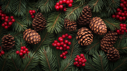 Obraz premium Holiday background of Christmas tree branches, spruce, juniper, fir, larch, pine cones with light. Xmas and New Year theme