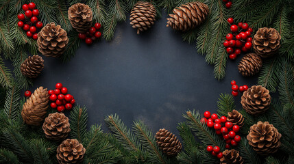 Pine Christmas tree branches cones on black paper background flat lay top view mock-up