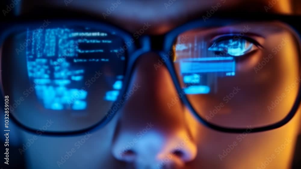 Aufkleber Software developer is working late, with lines of code reflecting in his glasses. The image evokes the dedication and focus required in the world of programming