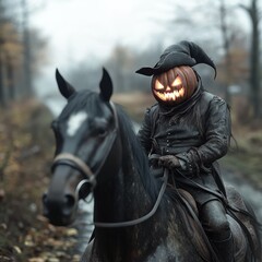 Obraz premium Halloween rider: a mysterious figure atop a black horse,glowing pumpkin, galloping , capturing the essence of spooky tradition and legend in a haunting visual scene.