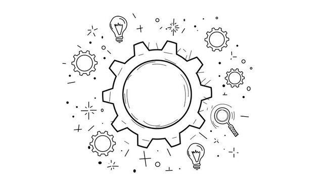 System Idea Concept with a Big Cogwheel Surrounded By Sketched Icons like Small Gears, light Bulb (solutions) and Magnifying glass (research) . Minimal Creative Design Drawing Line animation.