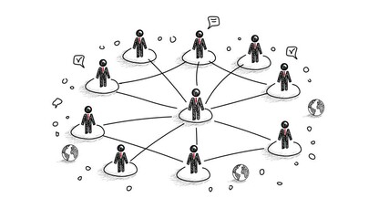 The concept of building business Relationships and the power of networking. A sketch of several interconnected businessperson Figures. Global Network Diagram