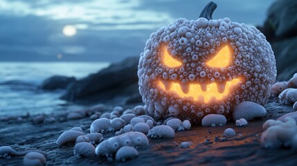 Glowing pumpkin with eerie face on a moonlit beach surrounded by sea creatures, AI