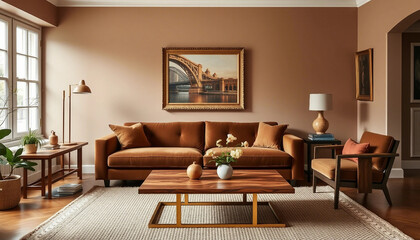 A stylish living room featuring warm neutral colors, contemporary furniture, and cozy decor elements. The space is beautifully lit by natural light, creating a welcoming and elegant atmosphere.

