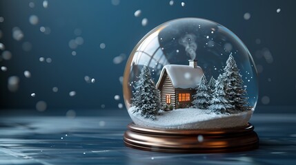 Merry Christmas and Happy New Year Christmas glass snow globe with trees and house inside a transparent sphere. Realistic 3d design. Festive Christmas object. Christmas decoration design.