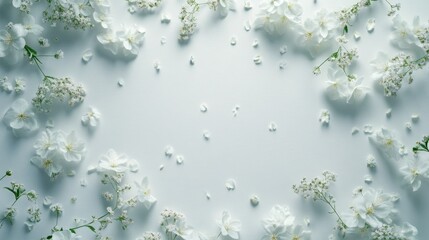 Delicate white flowers and petals on soft background representing youthful elegance and girlhood design