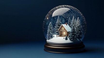 Merry Christmas and Happy New Year Christmas glass snow globe with trees and house inside a transparent sphere. Realistic 3d design. Festive Christmas object. Christmas decoration design.