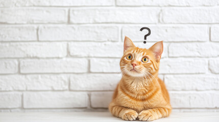Cute confused orange cat with question marks isolated on white brick background, surprised ginger cat