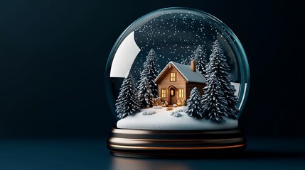 Merry Christmas and Happy New Year Christmas glass snow globe with trees and house inside a transparent sphere. Realistic 3d design. Festive Christmas object. Christmas decoration design.
