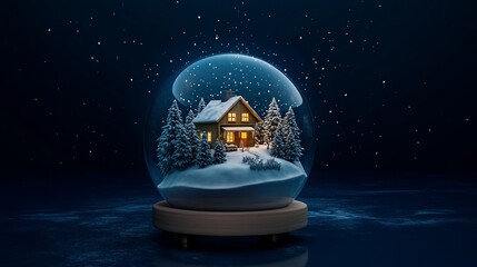 Merry Christmas and Happy New Year Christmas glass snow globe with trees and house inside a transparent sphere. Realistic 3d design. Festive Christmas object. Christmas decoration design.