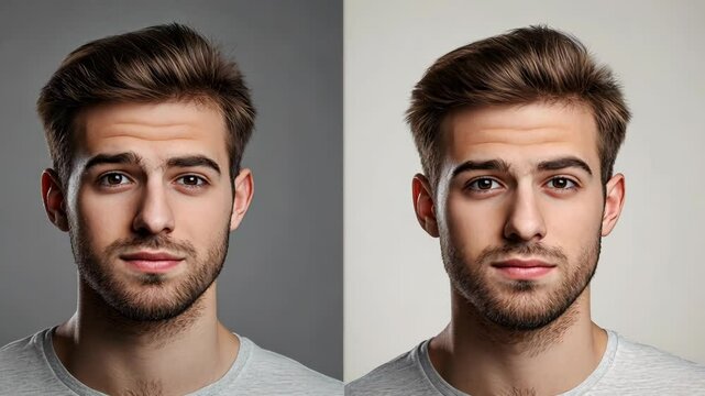 A young man with a light beard is looking at the camera in a studio photo