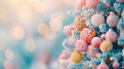 Christmas banner. bokeh blur pastel Background Xmas sweets Christmas tree-shaped colorful gummy jelly candy , card, banners