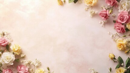 Elegant rose and floral border on delicate pink background for girlhood design concept