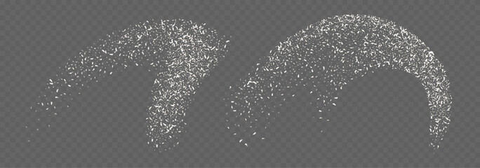 Coconut flakes, flying grated and desiccated coconut powder, dry scattered coco texture. Vector illustration.