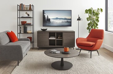 An elegant room with a modern TV, armchair, and decor