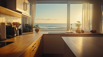 Fototapeta premium A bright, high-quality, cinematic photograph of a kitchen counter in a modern beach house. The morning sunlight floods through the window, casting a warm, inviting glow over the light wooden counter. 