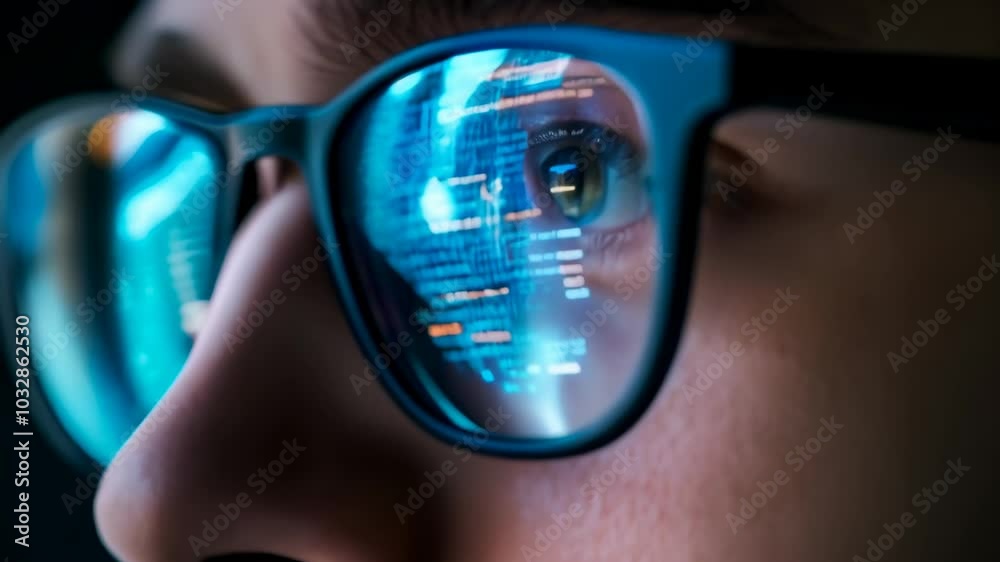 Poster Software developer is working late, with code reflecting in their glasses. The image evokes the dedication and focus required in the world of programming
