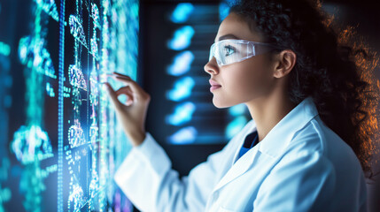 Scientist analyzing data on digital screen with augmented reality glasses in laboratory