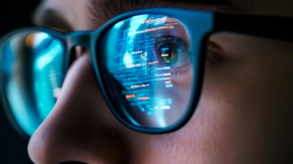 Software developer is working late, with code reflecting in their glasses. The image evokes the dedication and focus required in the world of programming - Powered by Adobe