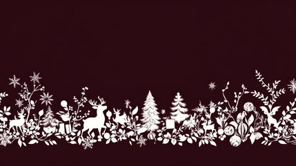 Christmas-Themed Border Design: White Silhouettes on Rich Dark Burgundy Background Featuring Santa Claus, Reindeer, Christmas Trees, and Presents.