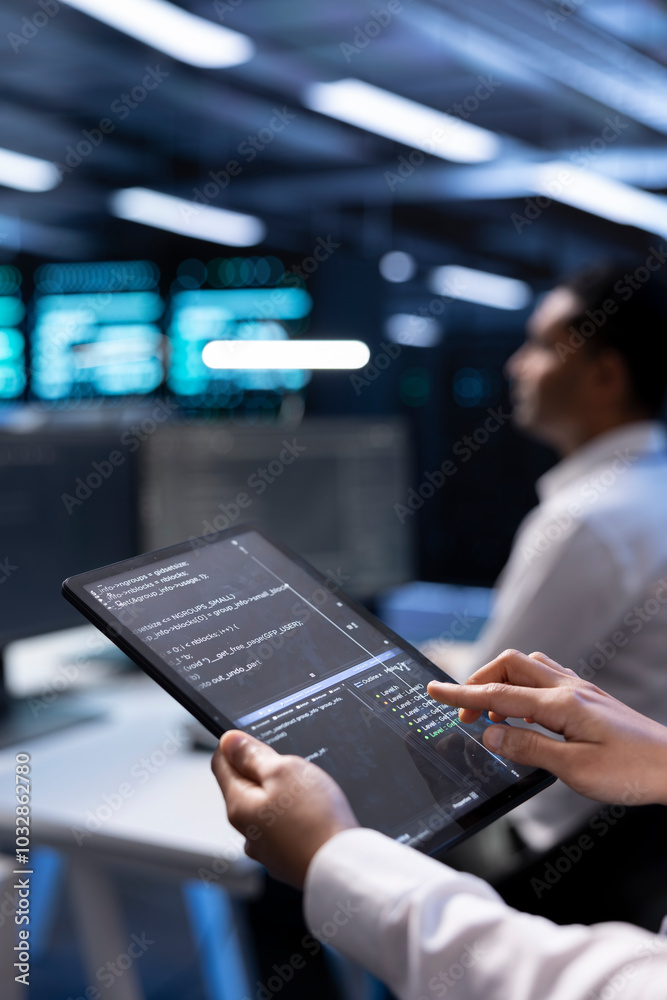 Poster computer scientist in server hub using tablet to find firewall misconfigurations affecting performan
