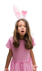 Brunette hispanic girl wearing easter rabbit ears scared in shock with a surprise face, afraid and excited with fear expression