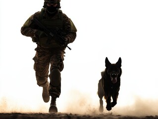 A soldier runs alongside a canine k9 partner in a dramatic silhouette against a dusty backdrop, showcasing teamwork and loyalty.